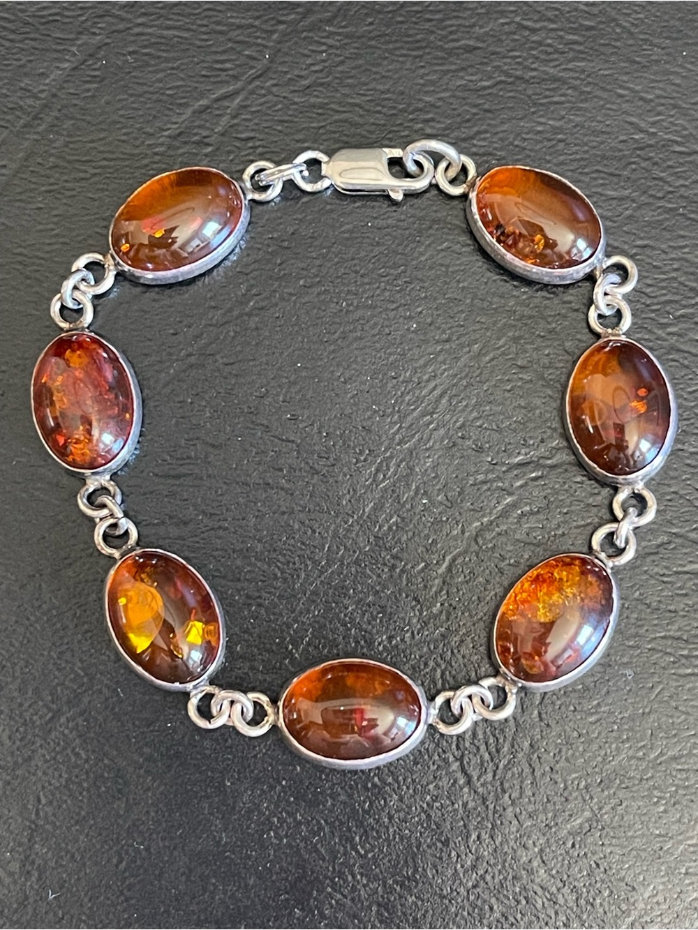 925 Sterling Silver genuine Amber Link Bracelet - Cognac Brown